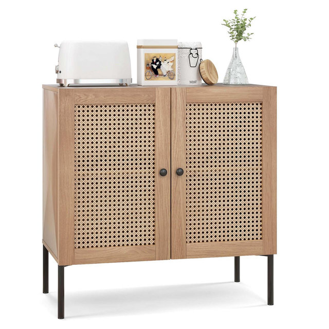 Costway Rattan Buffet Sideboard Cabinet Cupboard w/ Adjustable Shelf Oak