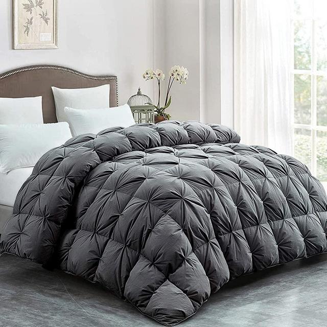ROYALAY Feather and Down Comforter King Size Duvet Insert, Pinch Pleat Design, 65oz Fill Weight, 100% Cotton Shell White with 8 Tab(Pinch Pleat) (King, Grey)