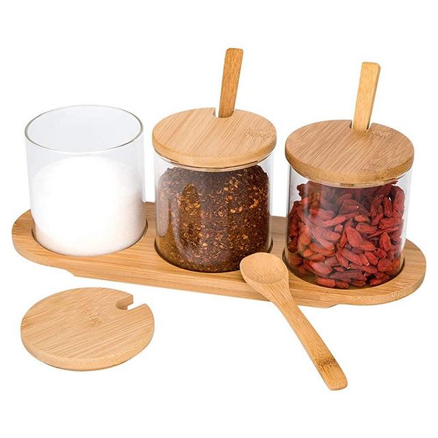 peinat Condiment Containers with Lids, 3 Pack Seasoning Containers with lidsand Spoons, Spice Containers with Bamboo Tray Glass Spice Jar Salt Container Spice Bottles for Sugar, 300ML(10.58OZ)