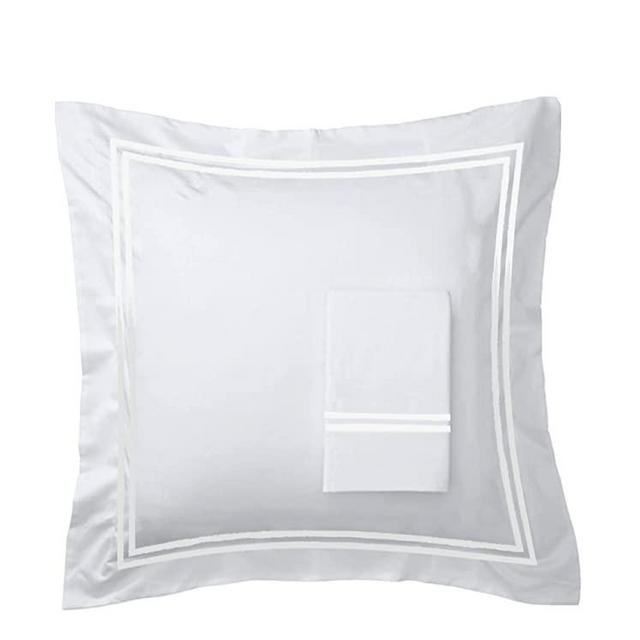 Mélange Home 600 Thead Count Sateen Cotton White Double Stripe Embroidered on White, Euro Cover Sham (Set of 2)