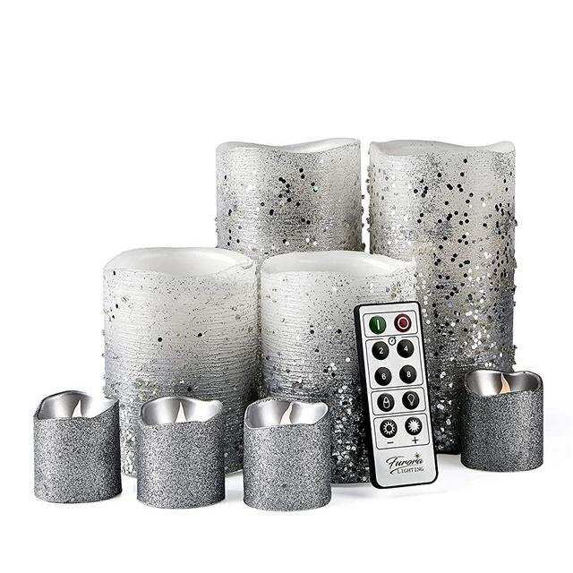 Furora LIGHTING LED Flameless Candles with Remote Control, Set of 8, Real Wax Battery Operated Pillars and Votives LED Candles with Flickering Flame and Timer Featured - Silver Glittery