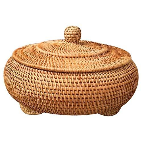 KODENG, Round Rattan Boxes with Lid Hand-Woven Multi-Purpose Wicker Tray 11 Inch Picnic Food Bread Table Storage Basket (22x13cm)