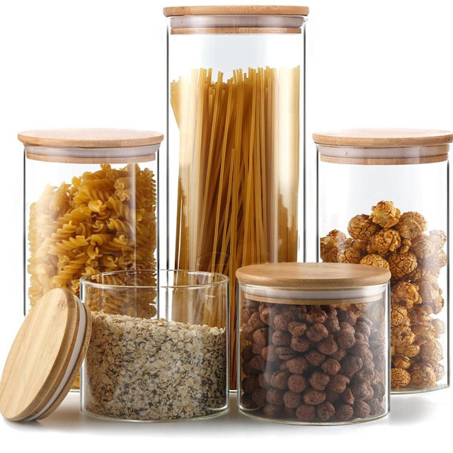 YUNCANG Glass Storage Jars [Set of 5],Clear Glass Food Storage Containers with Airtight Bamboo Lid Stackable Kitchen Canisters for Candy,Cookie,Rice,Sugar,Flour,Pasta,Nuts and Spice Jars