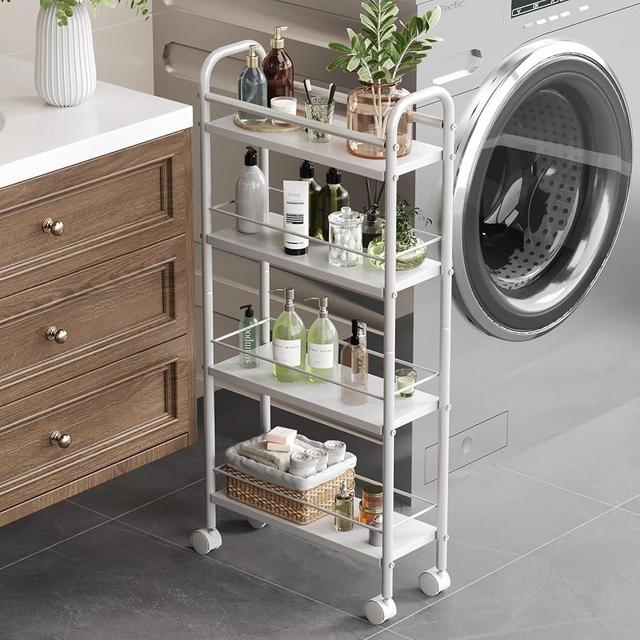 Asgolion Slim Storage Cart, 4 Tier Rolling Utility Cart on Wheels, Narrow Shelving Unit Cart for Small Spaces in Kitchen, Dining Room, Bathroom, Laundry Room, White
