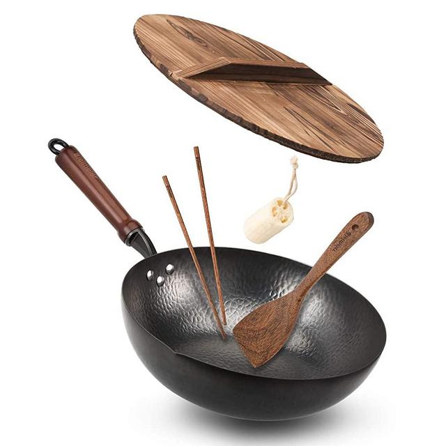 Bielmeier Traditional Carbon Steel Wok with lid and Cookware Accessories,Suits for all Stoves(12.5 inches, Flat pan)