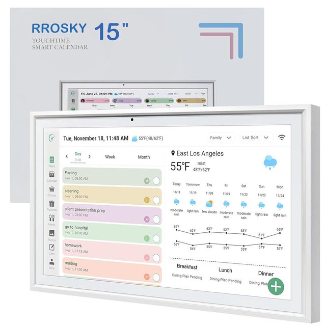 RROSKY WiFi Digital Calendar Smart Family Planner,Chore Charts, Achievement Rewards, AI Meal Planning, Smart Touchscreen Interactive Display for Schedules and Cloud Photo Desk Bases,15.6'' White