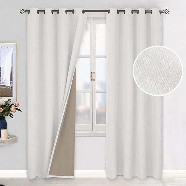 BGment Linen Textured 100% Blackout Curtains for Bedroom, Grommet Double Layers Thermal Insulation Room Darkening Curtains with Liner for Living Room, 2 Panels, 52 x 96 Inches, Off White