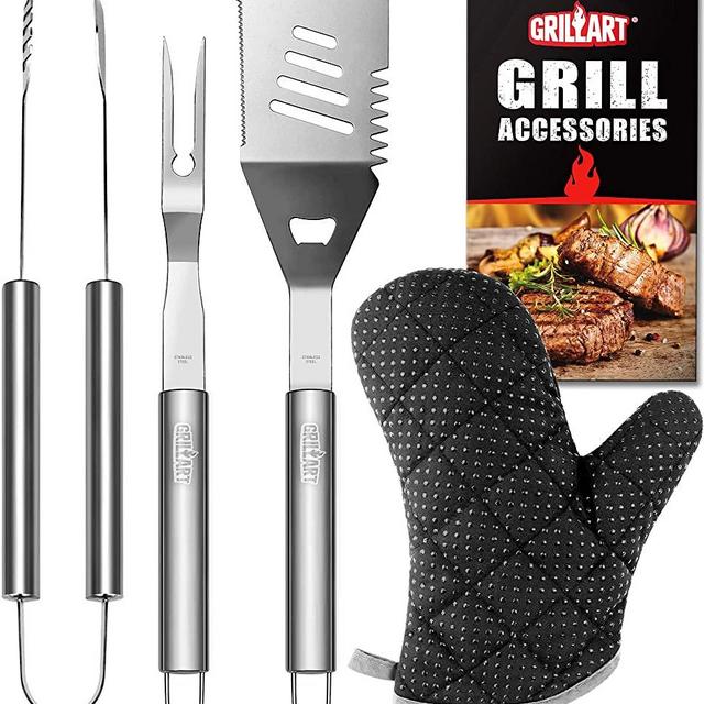 GRILLART Grill Tools Grill Utensils Set - 3PCS BBQ Tools, Stainless Barbeque Grill Accessories - Spatula/Tongs/Fork, with Insulated Glove, Ideal BBQ Set Grilling Tools for Outdoor Grill, Gifts for Men