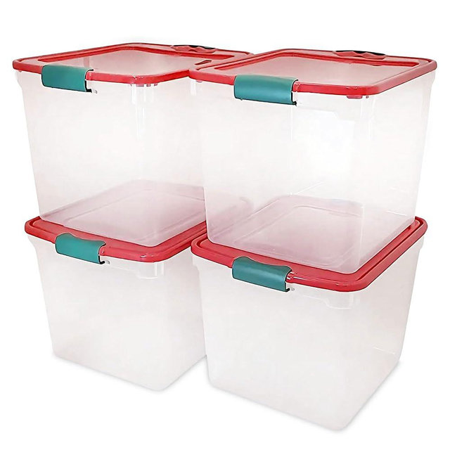 HOMZ 4 Pack Plastic Storage Bins with Latching Lids, Clear/Red – Stackable Seasonal Holiday Tubs, Tote Container Boxes for Organizing, Garages