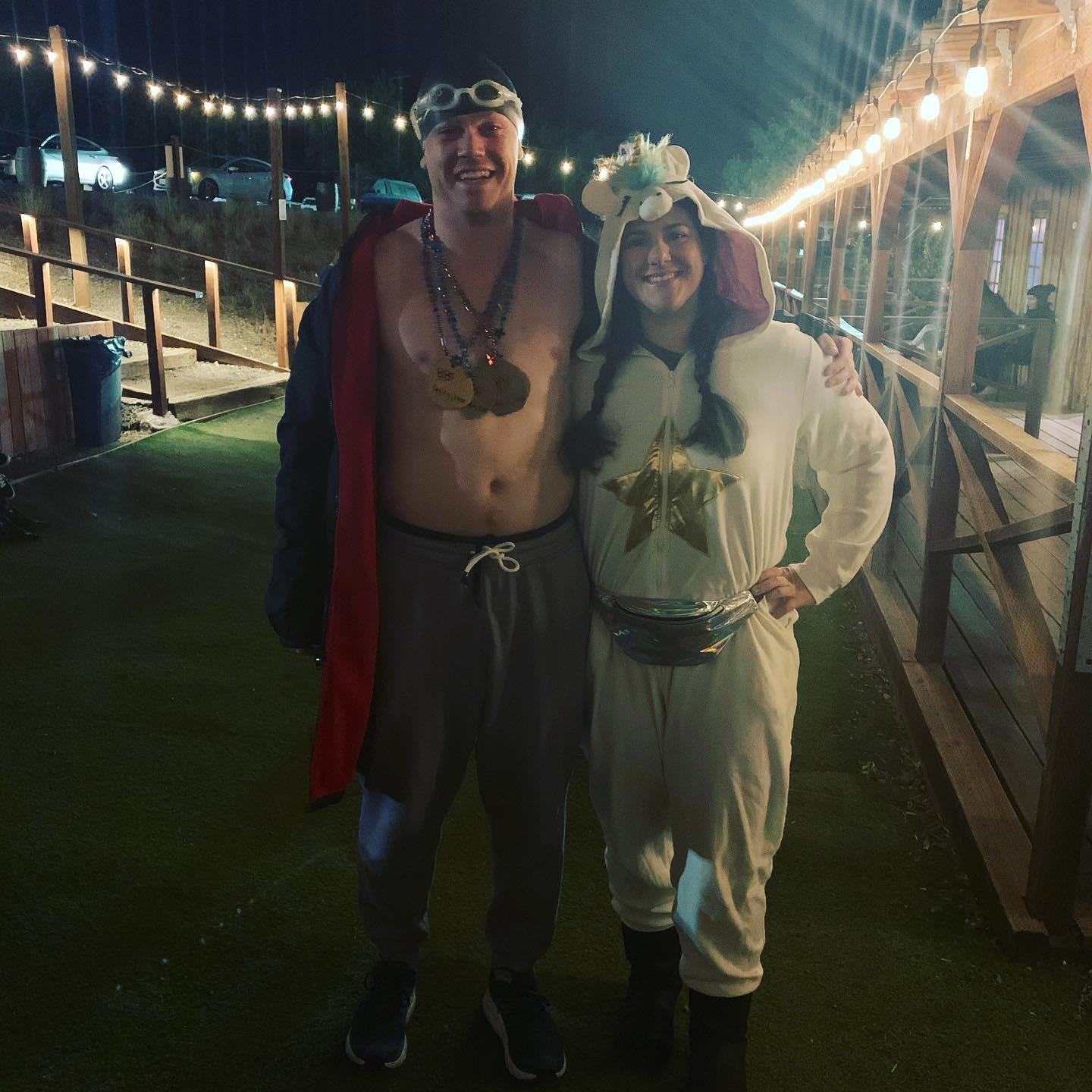 Halloween Night Safari at Saddlerock Ranch! John is Michael Phelps and I am a unicorn.