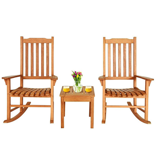 Happygrill 3 Piece Outdoor Rocking Chair Set Patio Bistro Set with Solid Eucalyptus Wood, Outdoor Porch Conversation Set with Coffee Table and 2 Rocking Chairs