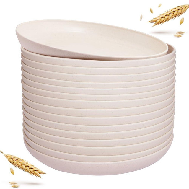 LIYH 20 Pcs Wheat Straw Plates - 9 Inch Unbreakable Dinner Plates - Dishwasher Safe Plastic Plate Reusable - Lightweight Plate for Kitchen Camping (Beige)