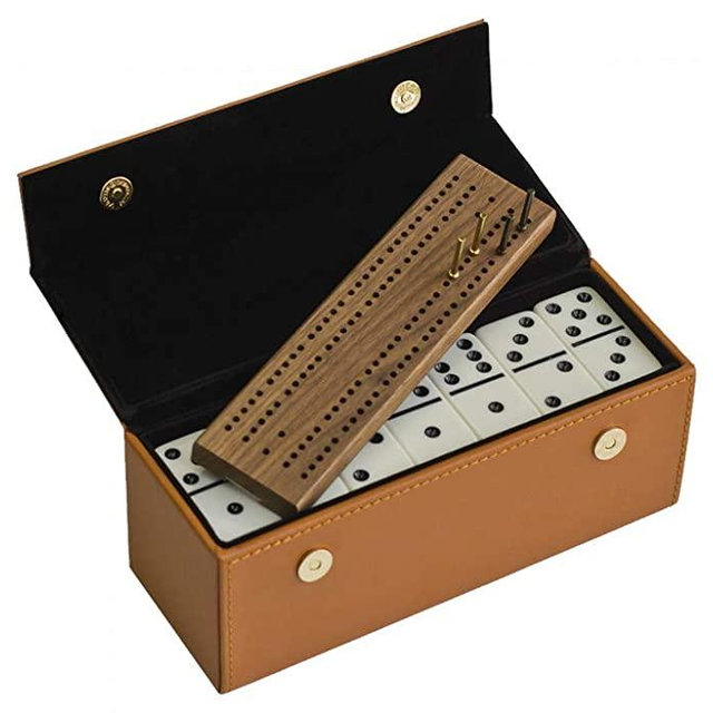 #450 Alex Cramer Travel Domino Set with Caramel-Colored Leather Case - Professional Tournament Domino Set - 28 Indestructible Double-Six Dominoes (Domino Set)