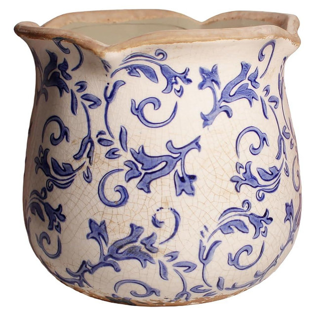 Retro Distressed Ceramic Flower Pots, Antique Crackle Glaze Planters with Drainage for Indoor Plants, Blue and White Chinoiserie Pottery Vase for Living Room Balcony Office Decor, Gardening Gifts