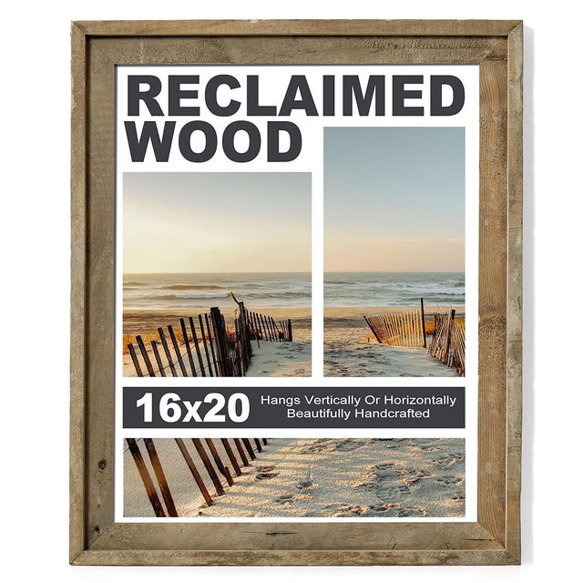 Rustic 16x20 Picture Frame, Reclaimed Barnwood Photo Frame with Tempered Glass, Distressed Family Gallery Corner, Horizontal and Vertical Wall Mounting or Table-top Display, Set of 1