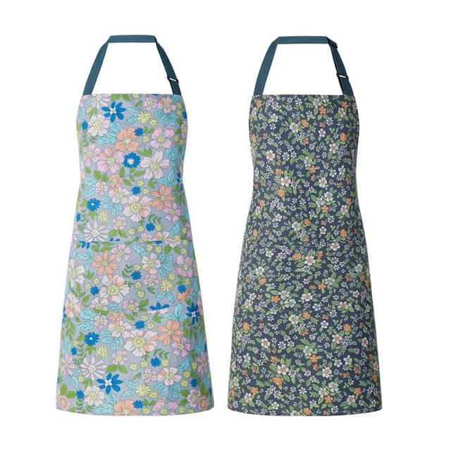 ARBINSON 2 Pack Floral Apron for Women with Pockets, Adjustable Cotton Chef Aprons for Kitchen, Cooking, BBQ & Grill