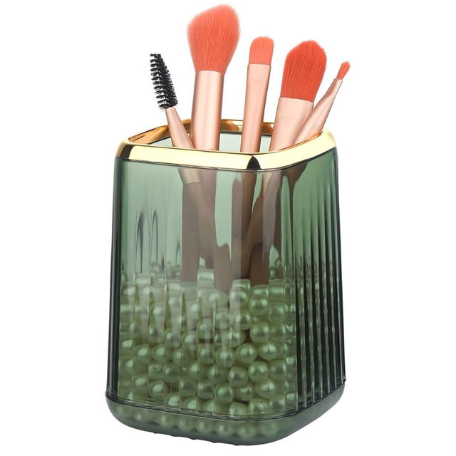 RAMFIYN Gold Clear Makeup Brush Holder, Vintage Cosmetic Beauty Organizers Cup for Vanity, Lip Pencil Holder Vintage Lipstick Holder - Green