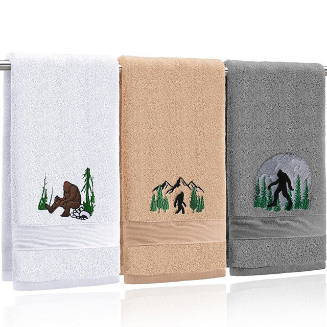 FuWeave 3 Pcs Bigfoot Hand Towels Funny Big Foot Sasquatch Gifts Forest Mountain Embroidered Decorative Bathroom Towels for Bathroom Kitchen Decor, 100% Cotton, 13.3 x 29.5''
