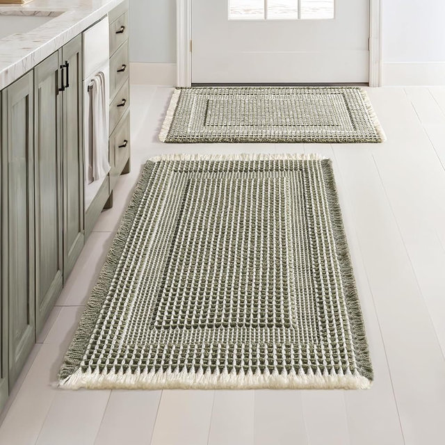 MIULEE Set of 2 Waffle Bathroom Rugs, Boho Bath Rug Super Absorbent, Non Slip Washable Ultra Soft Rubber Backed Shower Bath Mats for Floor, Tub, Shower, Looped Design, Green & Cream, 17"x24"+18"x30"