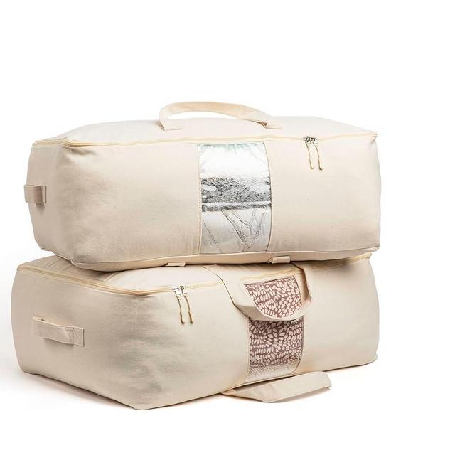 Soft Canvas Storage Bags with Zipper. Thick Breathable, 2pc King/Queen Comforter Organizer. Four Carrying Handles and Window. Large 25x19x9in Bag for Sheets Blankets Bedding Pillows, Clothes