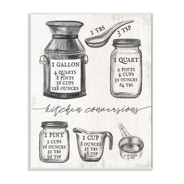 Stupell Industries Kitchen Conversion Chart Neutral Grey Word Drawing, Design by Artist Daphne Polselli Wall Art, 10 x 15, Wood Plaque