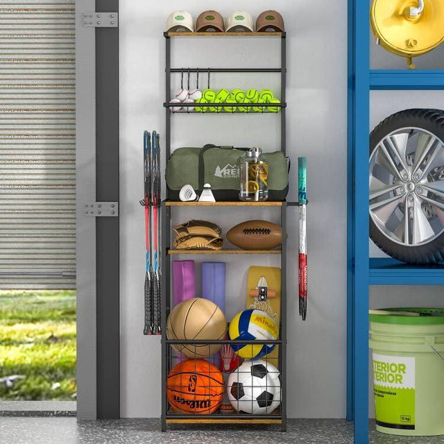 ThreeHio Sports Equipment Organizer, Wooden Garage Ball Storage Rack with Hooks, 5 Tier Outdoor Ball Holder Stand with Wire Basket, Vintage Ball Display Table for Living Room,Garage,Garden,Gym