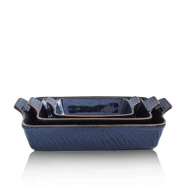 KOOV Bakeware Set, Ceramic Baking Dish Set, Rectangular Casserole Dish Set, Lasagna Pans for Cooking, Cake Dinner, Kitchen, 9 x 13 Inches, Texture Series 3-Piece (3 Piece, Dark Blue)