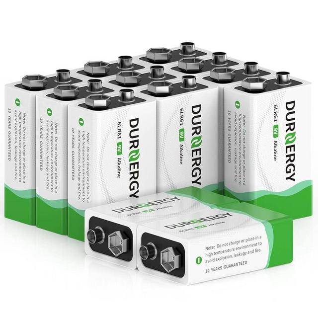 DURNERGY 9V Batteries 12 Pack, 10-Year Shelf Life, 9v Battery for Smoke Detector, 9 Volt Power Supply for Guitar Pedals, Square Batteries 9V Alkaline Batteries