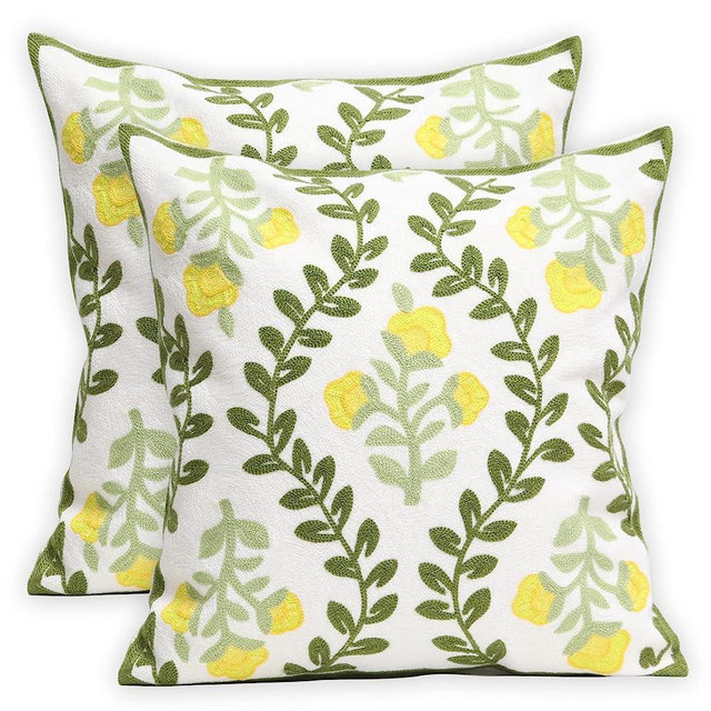 Pilmandu Set of 2 Embroidered Decorative Throw Pillow Covers Couch Square Pillowcases Cushion for Bedroom Sofa Farmhouse Decor 18x18 Inch (Yellow Floral)