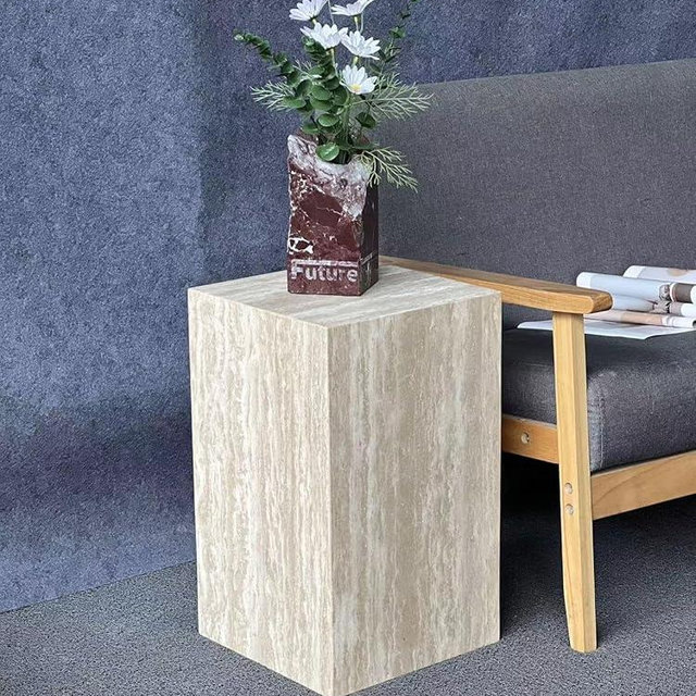 Luxury Marble Side Table,Square End Table for Modern Sofa and Bed, Living Room, Sofa, Bedroom(Travertine)
