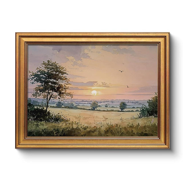 WHASAYART Vintage Gold Frame Nature Painting 12x16 Inch Landscape Wall Art, Warm Sunset Over Countryside Canvas Print Artwork, Rustic Living Room Bedroom Farmhouse Kitchen Dining Room Decor