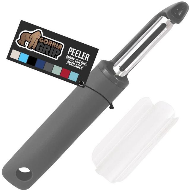Gorilla Grip Swivel Vegetable Peeler, Sharp Stainless Steel Blades, Soft Comfortable Handle, Dishwasher Safe, Kitchen Food Peelers, Quicker Peeling, Peel Vegetables, Potatoes, with Blade Guard, Gray