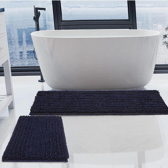 H.VERONNEX Luxury Chenille Navy Blue Bathroom Rugs Sets 2 Piece, Thickened Hot Melt Rubber Bottom Bath Mats for Bathroom Non Slip,Bath Rugs Quick Dry Machine Washable for Shower Mat,Puppy-Loved Mat