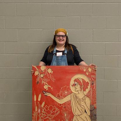 Sammi attending a Big Ink event! This block was 3 ft x 3 ft and hand carved.