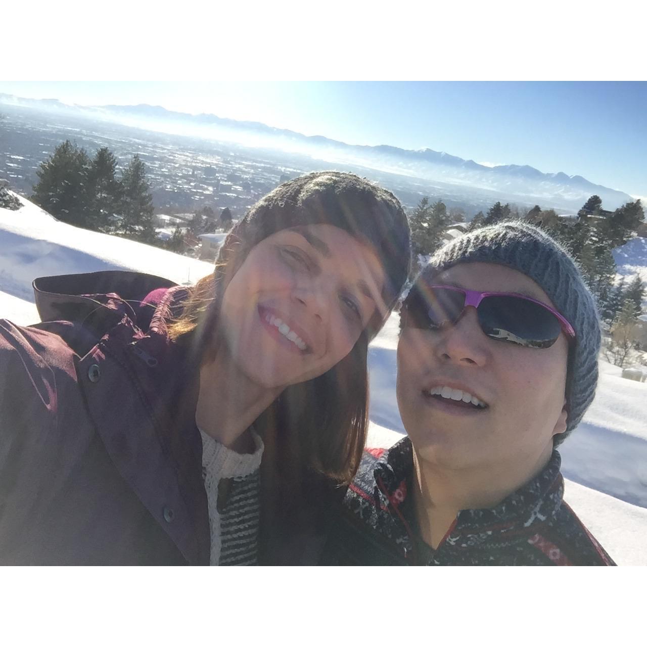 Elena learning to snowboard for the first time at Brighton Ski Resort, UT (December 2015)