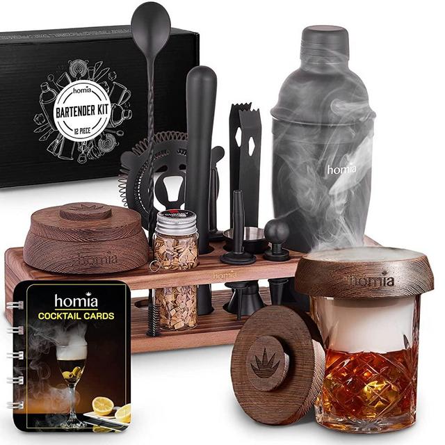 Bartender Kit with Whiskey Smoker - 13 pcs, Pine Stand - Bar Set with Cocktail Shaker, Bartending Kit with Essential Bar Accessory Tools, Wood Chips, Matte (Torch not Included)