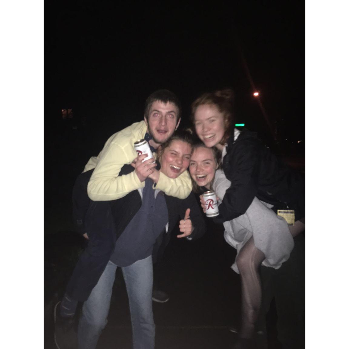 Sam and I getting piggy back rides from Ava and Emma (Spring of 2018)