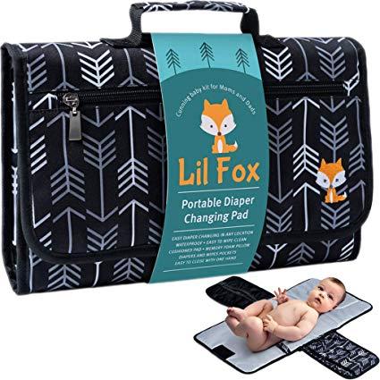 Portable Diaper Changing Pad by Lil Fox | Waterproof Portable Changing Pad for Moms, Dads and Babies | Use just One Hand; Memory Foam Baby Head Pillow; Pockets for Diapers, Wipes and Creams
