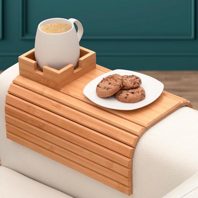 Bamboo Couch Cup Holder - Couch Tray & Cup Holder for Drink & Snack, Versatile Couch Drink Holder & Sofa Armrest Tray with Cup Holder - Portable Sofa Arm Tray Table for Couch, Recliner, or Loveseat