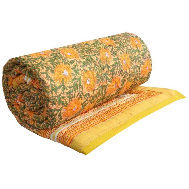 Hand Block Printed Cotton Queen Size Quilt | Indira Sunset Gold 104128