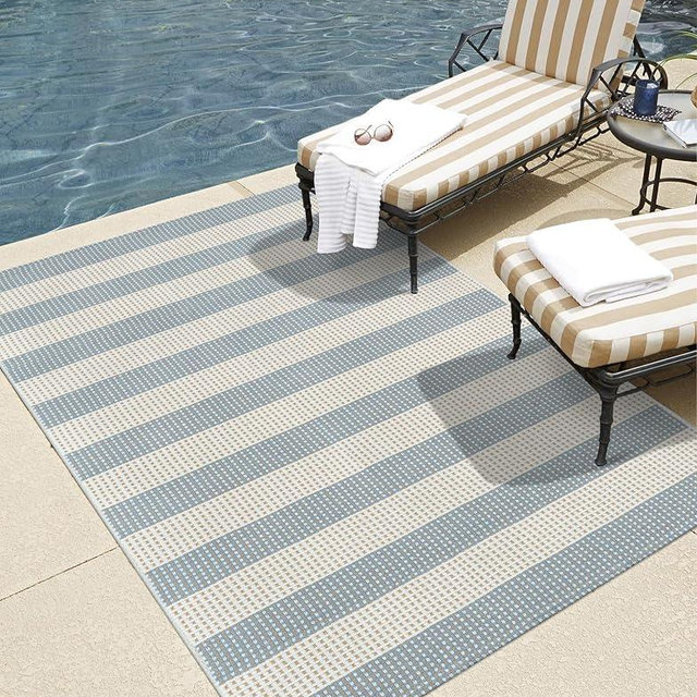 LEEVAN Outdoor Patio Rug 3x5, Washable Striped Front Porch Mat, Spring Colorful Outside Entryway Rug, Woven Welcome Doormat Blue and White Buffalo Backyard Layered Mat for Entrance/Go Away/Deck