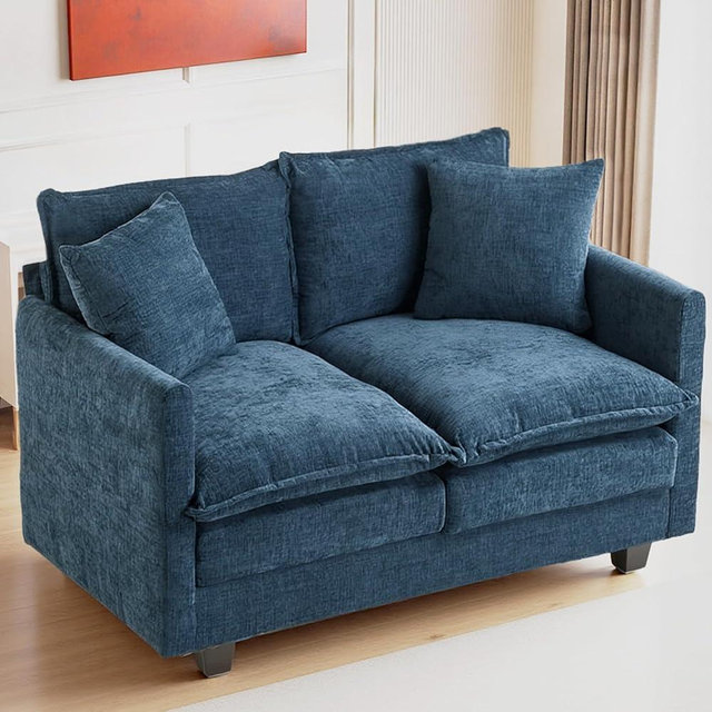 50 Inch Loveseat Sofa | Comfy Small Couch for Bedroom, Living Room, Office | Mini 2 Seater Sofa in a Box | Deep Seat with Double Layer Upholstered Cushion, Removable Cover, Chenille Fabric | Blue