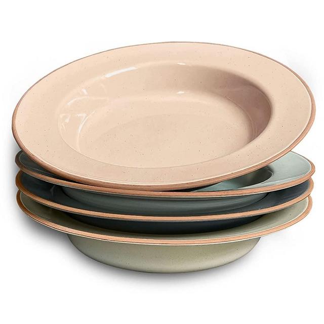 Mora Ceramic Wide Rimmed Soup Bowl 25oz, Set of 4 - For Pasta, Italian, Spaghetti, Dipping Bread, Fancy Dinner etc. Large Plate/Bowls Hybrid For Everyday & Restaurant Use, Flat Rim - Assorted Neutrals