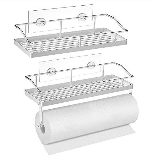 SMARTAKE 2 Pack Paper Towel Holder with Shelf and Shower Caddy Set, Stainless Steel, Wall Mounted Paper Towel Holder Rack with Adhesive, Storage Organizer for Kitchen, Bathroom and Dorm