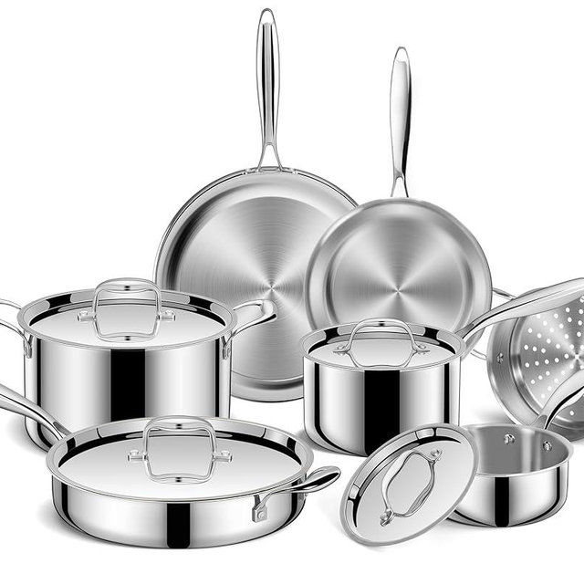 EWFEN Pots and Pans Set, 3 Ply 11 Piece Stainless Steel Cookware Set, Oven Dishwasher Safe | Induction Compatible Frying Pans, Saucepans, Saute Pan & Stock Pot, PFOA Free Kitchen Skillet