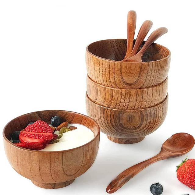 Kanhaom Small Wooden Bowls and Spoons, 11oz. Portion Control Bowls for Snack, Dessert, Japanese Serving Bowls for Rice, Soup, Solid Wood Bowls for Decor (4 Bowls with 4 Spoons - 4.5IN )