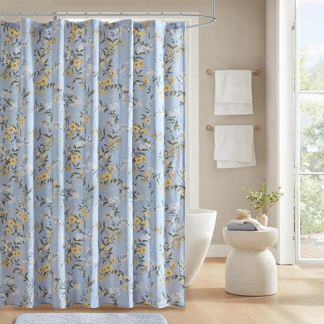 Martha Stewart Meadow Floral Shower Curtain, Cotton-Rich Slub Texture, Timeless Garden Design, Classic to Modern Farmhouse Bathroom Decor, Machine Washable 72"x72", Blue