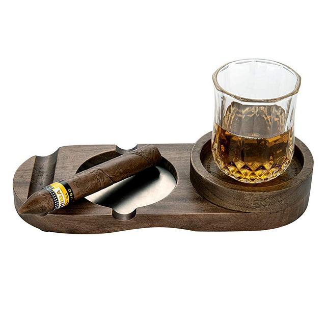 Wooden Cigar Ashtray Wood Solid Cigar Ashtray Whiskey Glass Tray and Cigar Holder, Cigar Slot/ Tray, Cigar Whiskey Accessory Set, Great Gift for Men,Great Decor for Home, Office or Bar