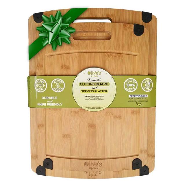 Olive's Kitchen Organic Bamboo Cutting Board Set (2 Pack) - Reversible Bamboo Cheese Board – Medium X-Large Bamboo Cutting Boards for Kitchen – Non-Slip Cutting Board Bamboo Charcuterie Board