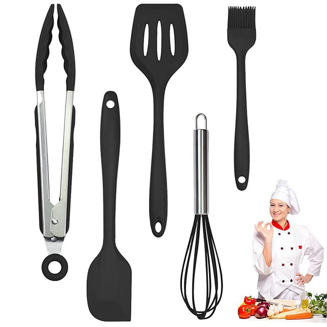 Silicone Kitchen Cooking Utensils Set Kitchen Spatula Set with Holder,5 pcs Heat Resistant Silicone Kitchen Utensils Gadgets Tools Set for Nonstick Cookware,Dishwasher Safe (Black)